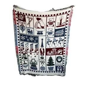 Christmas Holiday Tapestry Woven Fringe Patchwork Throw Blanket Santa Toys Gifts